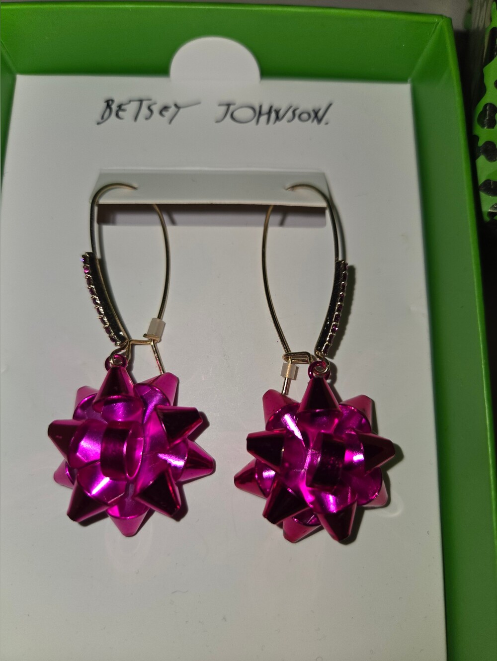 Betsey Johnson Metallic Fuchsia Bow Drop Earrings